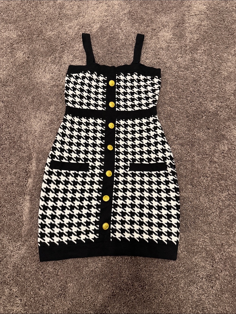 Houndstooth Mini Dress with Gold Button Front